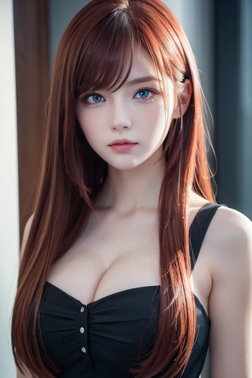  girl with long red hair,  heterochromic eye ,  blue-white skin,  flat chest,  is wearing a black dress and a crisp pink blouse,  A  girl of,   something that matches a mysterious and strong personality. whole,  her look will catch the eye ,  attract curiosity and an intriguing gaze ,  flat chested,  cinematic lighting,  Color Difference, backlit, masterpiece,   high detail ,  High Quality , 4K.