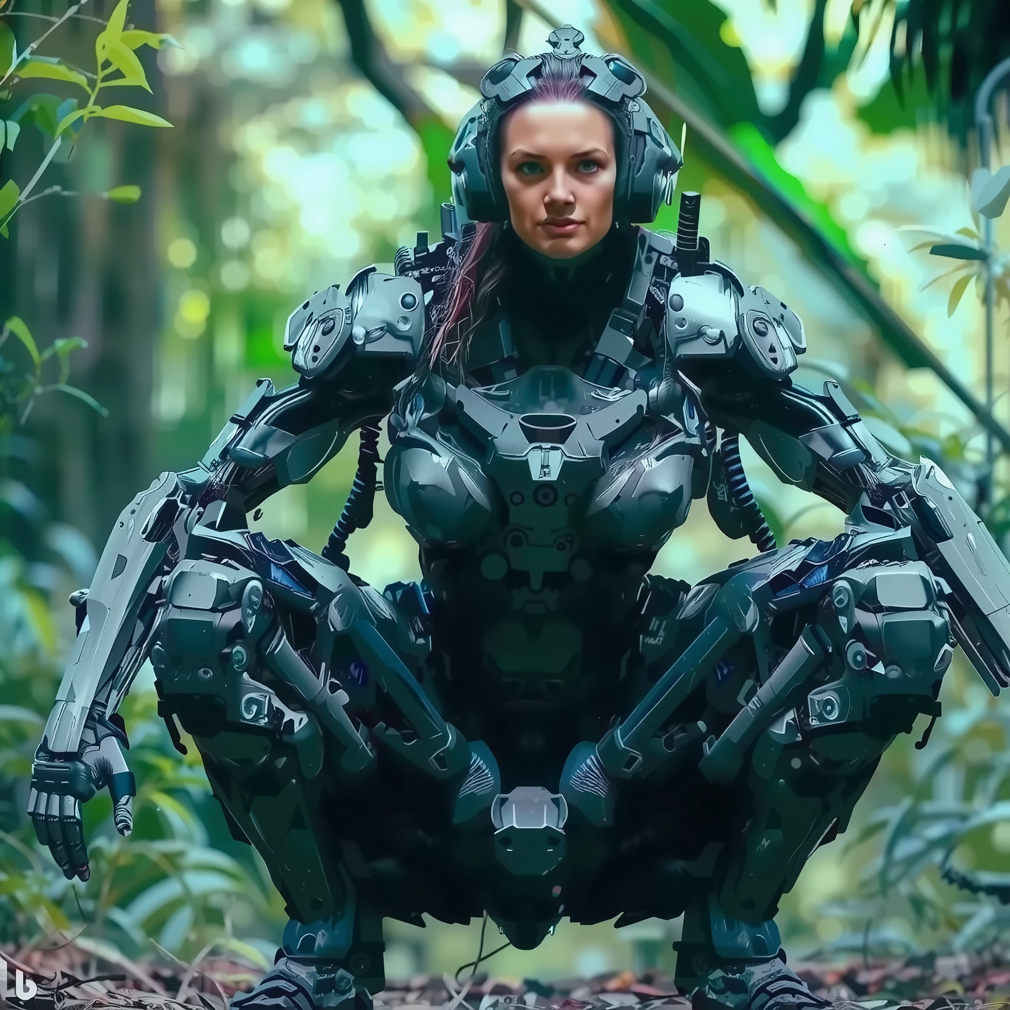 A gorgeous female military soldier cyborg Sitting down on the dead tree trunk in the middle of Misty Tropical Rain Forest, dark and moody color grading style