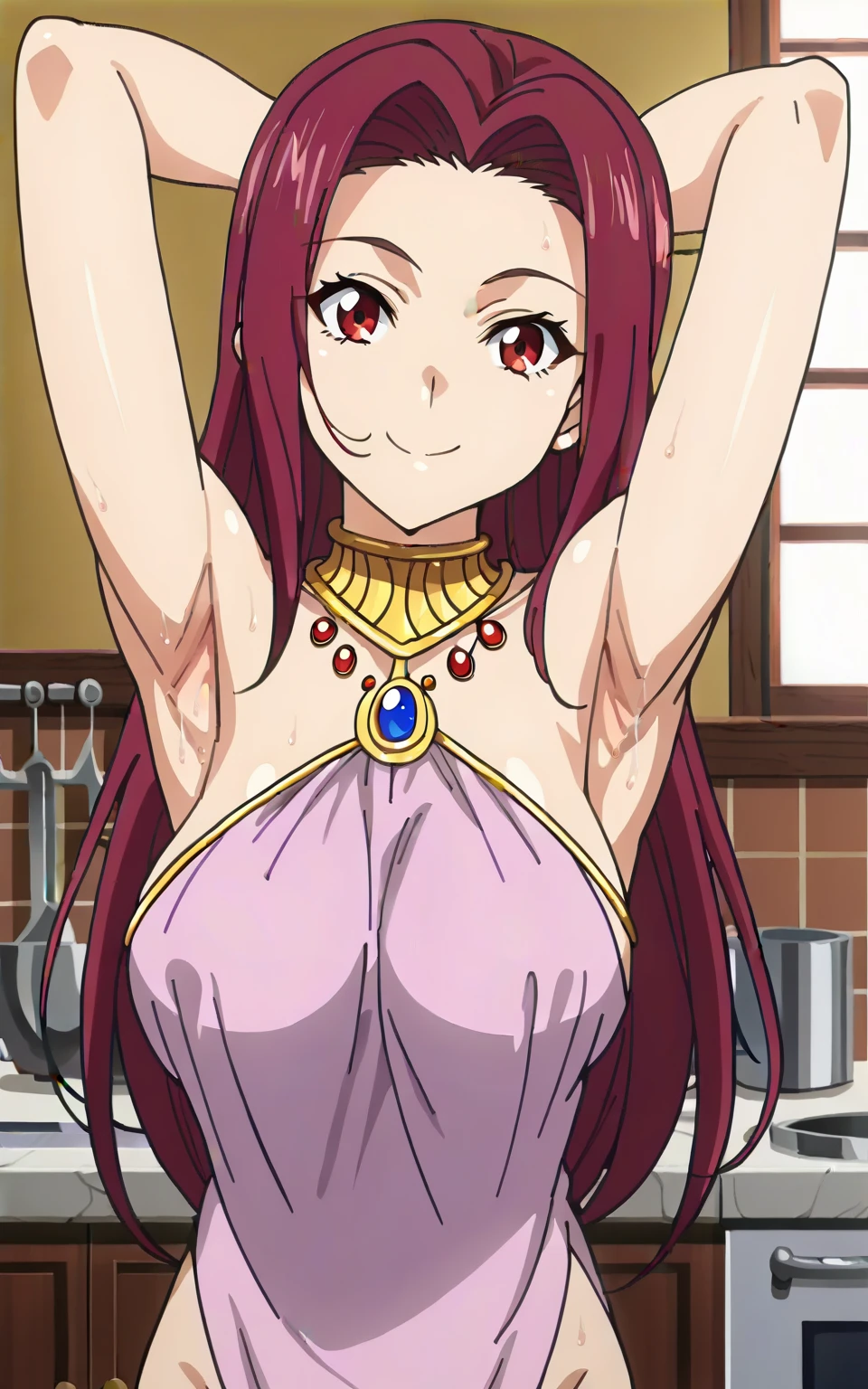 score_9, score_8_up, score_7_up, source_anime, anime screencap, 1girl, solo, ryouko sakaki, long hair, red hair, red eyes, large breasts, arabian dancer outfit, bare shoulders, bare arms, arms behind head, armpits, looking at viewer, head towards viewer, smile, closed mouth, badhandv4, indoors, kitchen, sweaty armpits