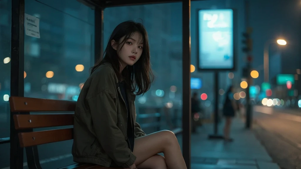 Woman with a lonely face sitting on a bench at night、 high res, masterpiece,  is entangled with his hands and feet in front of an anatomically correct , 最 High Quality ,  high detail,  High Definition Model ,  High Quality ,  Textured Skin,  Ultra Fine, 8k.