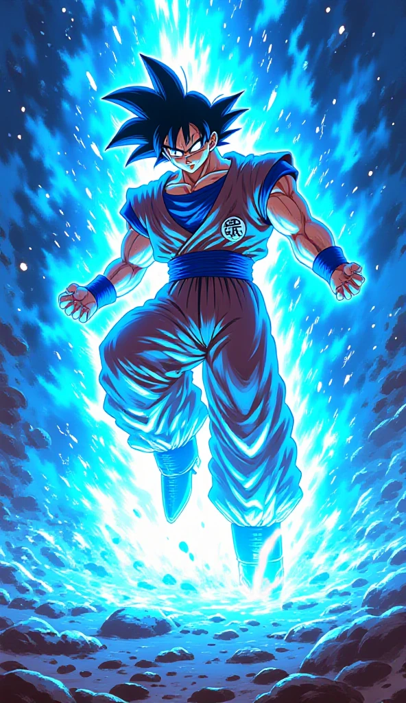 Goku, a powerful Super Saiyan, lands forcefully on the ground, creating a crater beneath his feet. His vibrant blue aura crackles with energy as he stands tall and formidable. The image, likely a highly detailed illustration, captures the intensity and strength of the beloved character. Every muscle and vein is meticulously rendered, showcasing his fiery determination and raw power. The vivid colors and dynamic composition make this a truly awe-inspiring depiction of Goku in action.Alta resolución, Preciso, Detalles altos, 