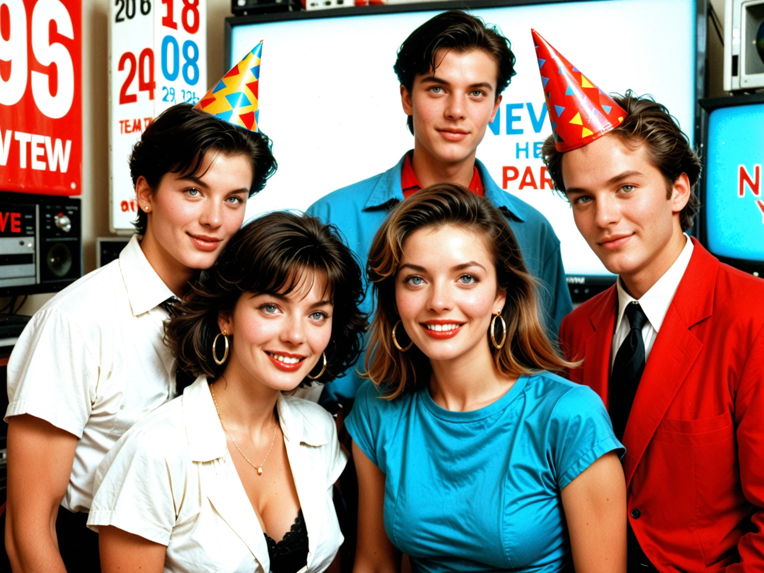 Score_9, score_8_up, score_7_up, source_real, photorealistic;; group of men and women, 1984 new year's eve party, retro new year's party;; wearing retro 1980s clothing, clothing is a mix of earth tones and bright colours, party hats read "1985!", 1980s hairstyles, retro CRT television set, TV displays a countdown from 10 seconds to midnight 