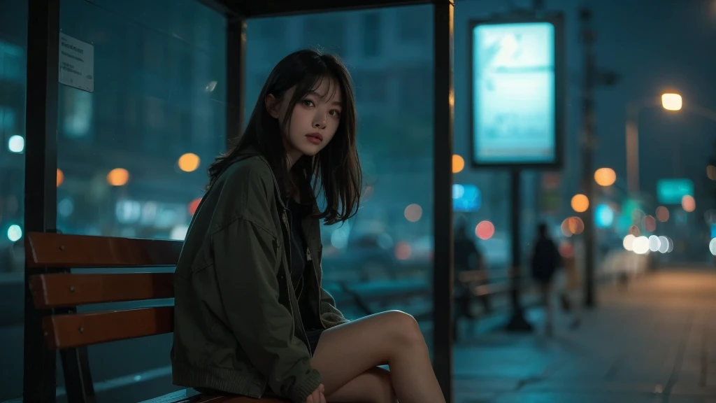 Woman with a lonely face sitting on a bench at night、 high res, masterpiece,  is entangled with his hands and feet in front of an anatomically correct , 最 High Quality ,  high detail,  High Definition Model ,  High Quality ,  Textured Skin,  Ultra Fine, 8k.