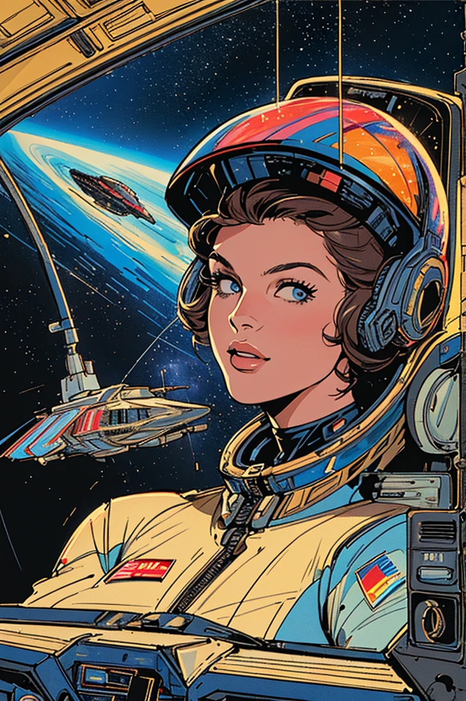 (((Top Quality Masterpiece ))),(((solo:1.2))),((( 1 woman :1.2))), 32K Highly Detailed Wallpaper , Retro Vintage Style ,(dynamic Angles),((( overwhelming highlights))),((most complex machine)), American comics with a very flashy color scheme,80s space thriller movie poster ,70s movie poster,Detailed space station、(((Detailed and perfect woman ))),((( bust up))),(((Galaxy Ecstasy Satellite Cockpit)))