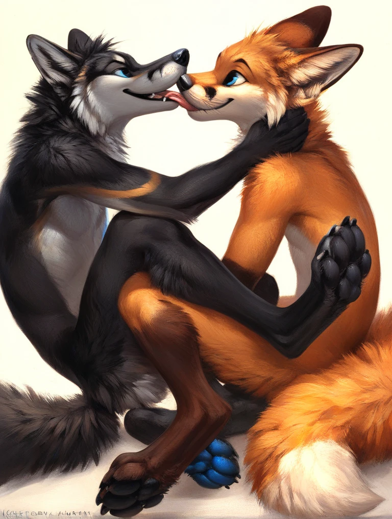 score_9, score_8_up, score_7_up, source_furry, rating_safe, by kenket, anthro, duo, male/male, wolf, black body, blue eyes, fox, orange body, legs, feet, licking toes, tongue, tongue out, black pawpads, shiny pawpads, legs and feet only, lower body only, kissing feet