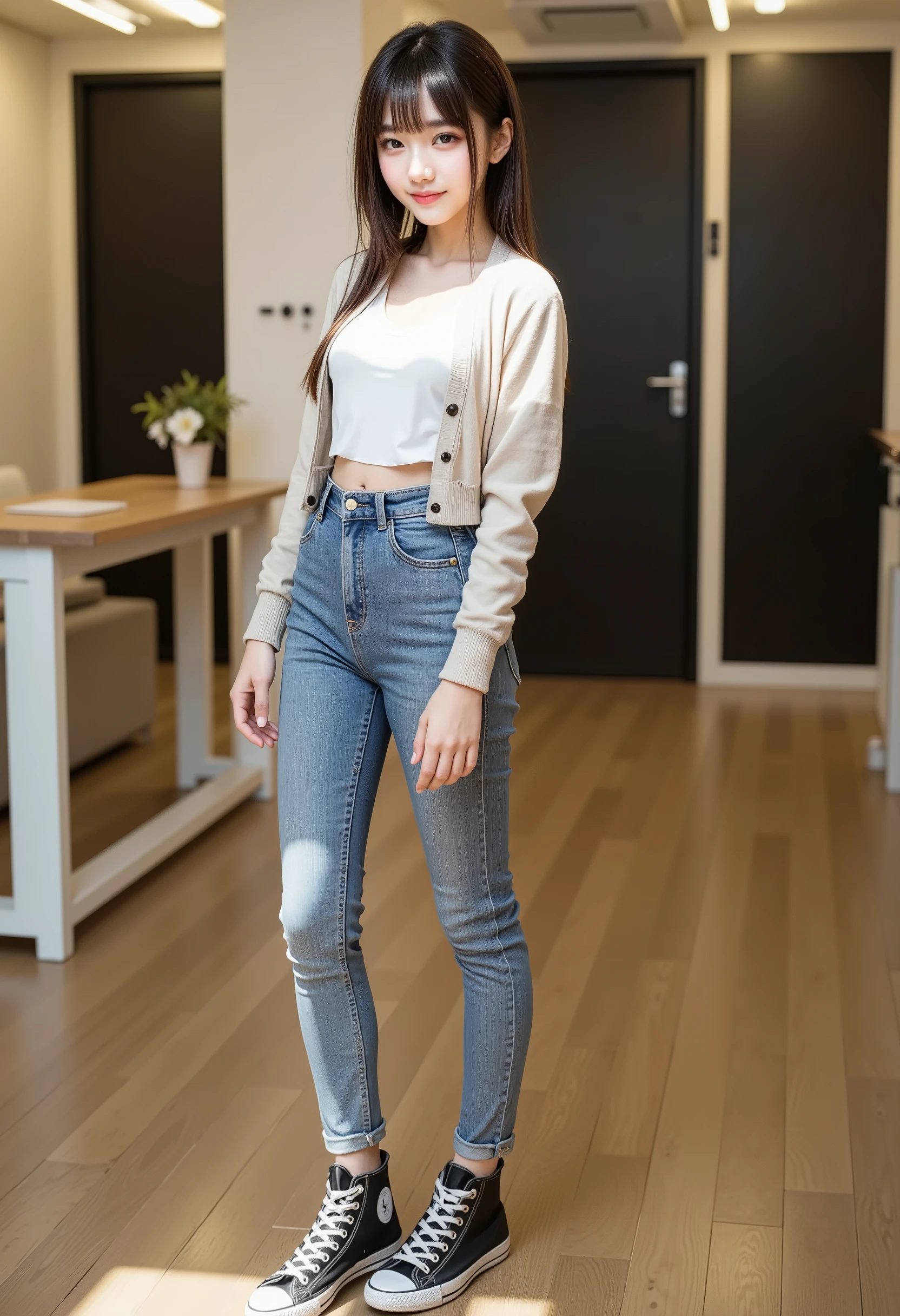 upper real , photorealistic , she looks very happy , Global Pi Illuminations 、(age Japanese Girl:1.5), very beautiful and delicate Japanese girl , black hair、Hairstyle braids、very beautiful、 smile 、ジャケット、 long sleeve blouse 、 pants style 、スキニーデニム、pantyhose、 スニーカー、facing forward, full body photo ,