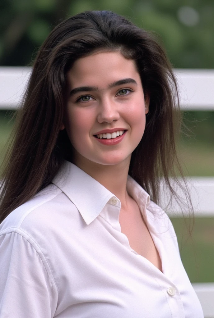 Jennifer Connelly, very long curly hair, very tiny miniskirt, pantyhose, head band, sun shiny day