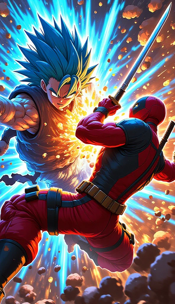 In a dynamic clash, Deadpool fiercely strikes at Super Saiyan Blue Goku with his gleaming katanas. The chaotic battle scene captures Deadpool's red-and-black costume contrasted with Goku's vibrant blue hair and fiery aura. This striking image, possibly a digital illustration, is meticulously detailed with intense colors and action-packed energy. Every muscle, every blade, every spark of power is vividly rendered, immersing viewers in the intense showdown between these two iconic characters.Alta resolución, Preciso, Detalles altos, 