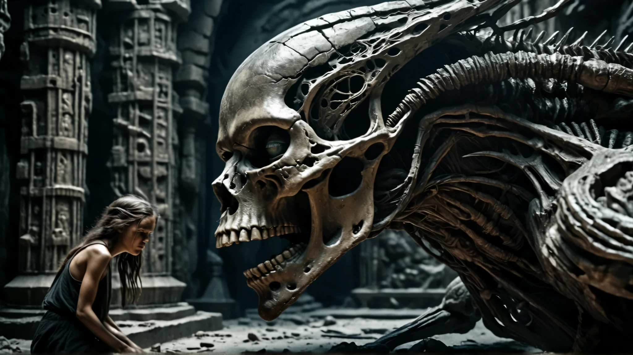 A cinematic film still, captured on 35mm v-raptor XL film stock, featuring a gritty, high-contrast aesthetic with intense film grain, a vignette effect, and precise color grading, evoking the moody, atmospheric feel of a live-action epic, reminiscent of the works of cinematographers like Emmanuel Lubezki and Hoyte van Hoytema, and the gritty realism of film directors like Denis Villeneuve and Ari Aster. HR Giger, Heironymous Bosch, Zdzisław Beksiński. (Out of the darkness), a striking chrome and obsidian woman, otherworldly and sexually attractive to human males, her intricate biomechanical structure is hyper feminine, a detailed and supple amalgamation of chitin and titanium, cybernetic aesthetic, medium shot, center frame, she squats on the edge of a ruined sarcophagus, gazing at the viewer with dark glittering eyes and a wicked ear-to-eaer sharp toothed grin, in a shadowy ancient burial catacombs background, black shadows, sparse lighting, sexy, claustrophobic, oppressive, terrifying, highly detailed, perfect hands, perfect body, intricate textures, realistic skin pores, extreme focus, deep shadows