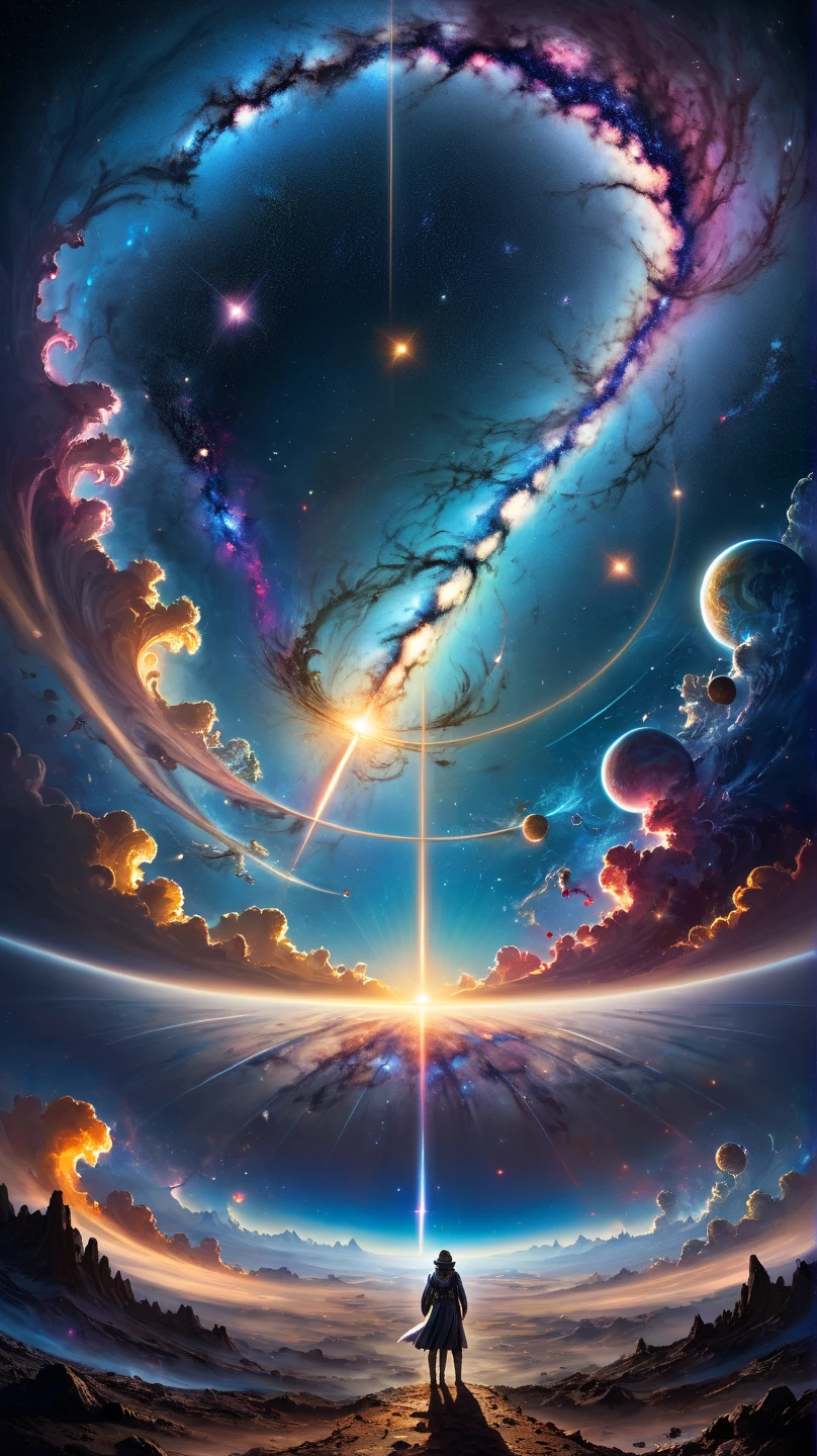 An epic visual representation of The Enigma of the Three Heavens: three overlapping heavens, each with a unique appearance. The first, close to the Earth, full of clouds and warm colors; the second, a cosmic sky with bright stars, nebulae and planets; and the third, a mystical sky with flashes of energy, portals and floating enigmatic symbols. The scene should convey an aura of mystery and wonder, with a horizon connecting the three levels, in a detailed and realistic artistic style, with ethereal tones and impressive contrasts. Panorama of the Milky Way in deep space, with a bright flash crossing the sky like a comet or shooting star. A vast universe full of galaxies, stars and mystery. Cinematic style, vibrant colors, feeling of infinity.