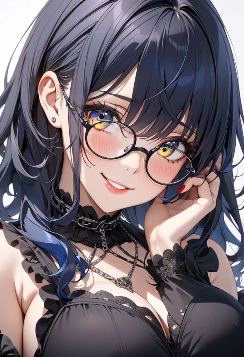 ((dark blue eye,dark blue hair yellow inner hair,)),(masterpiece, best quality, ultra detailed,  highres icon,1girl),busty,model-like physique,Alone,white background,mole under left eye,big eyes,8k,light makeup,shiny skin,blushing like crazy,glossy lip,very beautiful red nails,,swept bangs,detailed eyes, wearing glasses,((big smile)),Goth girl,from below,Dress with lace, chain and ruffles