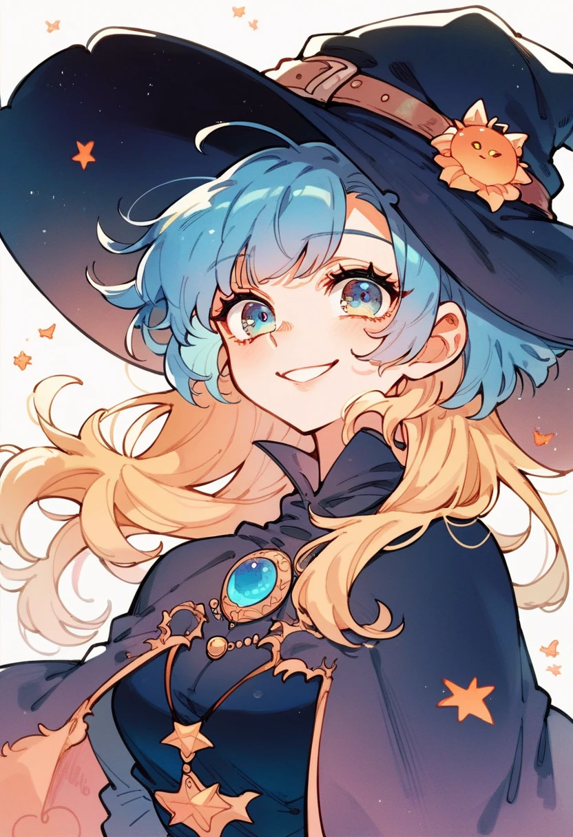 One girl with (long hair, blonde hair, soft hair, witch hat, blue eyes, smile)
Another girl with (short hair, blue hair, witch hat, yellow eyes, smile)