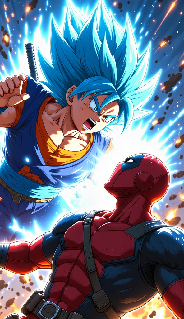 Goku, in his Super Saiyan Blue form, unleashes a powerful punch directly at Deadpool. This dynamic scene captures Goku's vibrant energy, his spiky hair shimmering in a deep blue hue, muscles tensed as he strikes. Deadpool, clad in his iconic red and black suit, reacts with a mix of surprise and readiness. This visually striking image, whether a detailed painting or a high-quality photograph, conveys the intensity of the moment with vivid colors and sharp details. The clash of two iconic characters is rendered with expert precision, drawing viewers into the thrilling action unfolding before them.Alta resolución, Preciso, Detalles altos, 