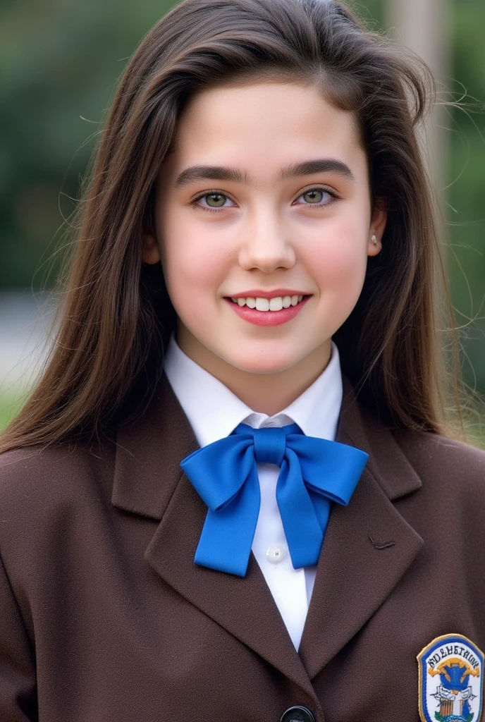 (masterpiece, best quality:1.3), 1girl, Alone, full body shot, 
she wear in tidy brown blazer school uniform and white shirt with a vivid blue bow tie., 
young Jennifer Connelly at age 14, 
pure innocent face, 
sweet smile, 
with cute face yet with precocious female body,
no make up, flawless pale skin, 
healthy youthful fresh succulent smooth fair skin,
joyful smile,
plump cheeks, light colored eyes,
scooped nose arched high with a turned-up tip,
plump blreasts, broad shoulders, 
shiny long dark hair fluttering,
under bright natural light illuminating on her face,