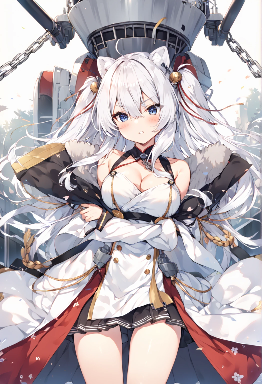 de pele branca, Massive, muscular girl, Kaiju, aggressive, Proud,long, wavy white hair,Long dark blue coat,very very gigantic boobs,muffler,Wolf Girl,Golden decoration,big tail,trouser,Big animal ears,huge sword,long boots,Warm clothing,Clothes that are large in size,No skin exposure,Fluffy,venusbody,arknights,angry,