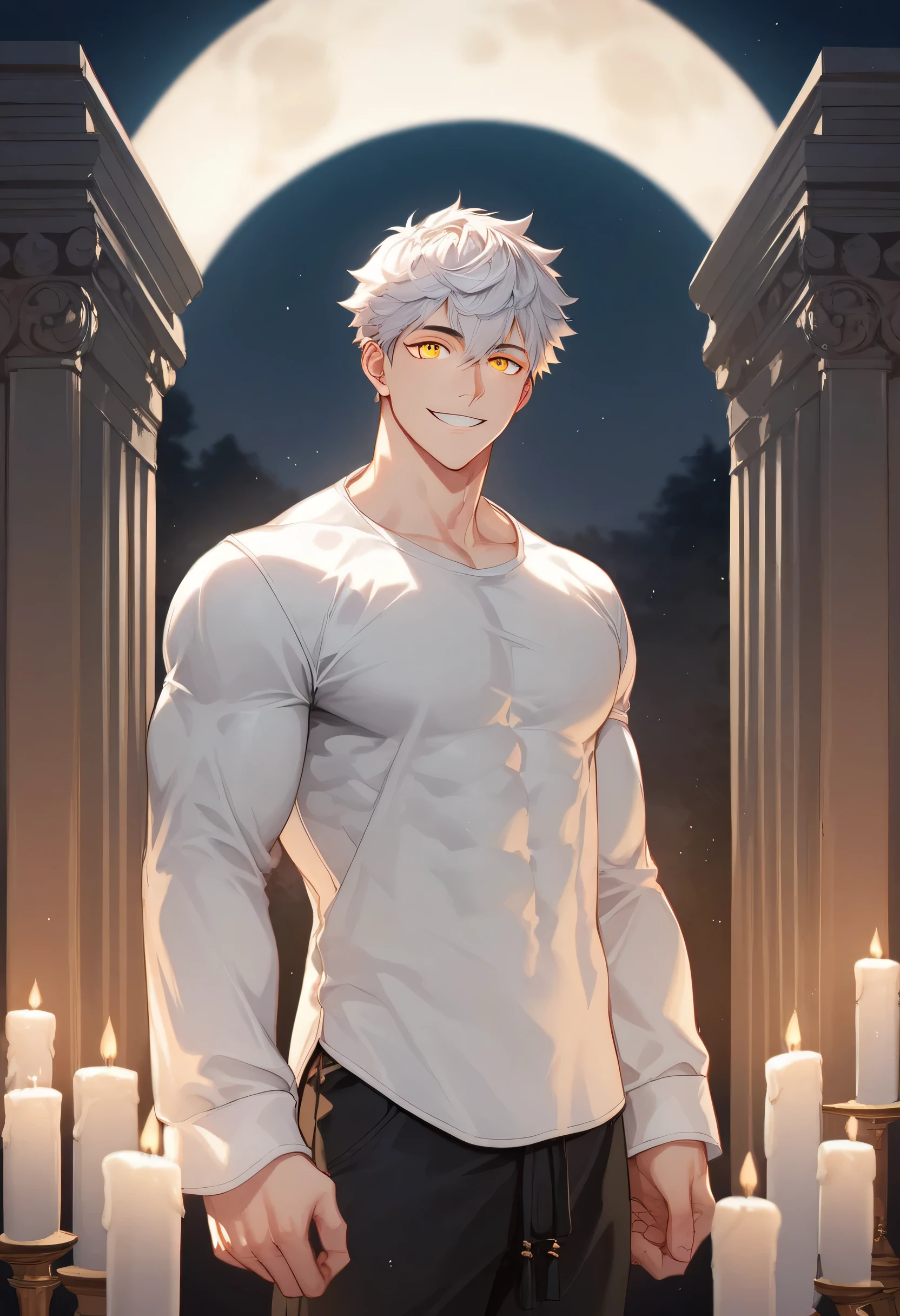 score_9, score_8_up, score_7_up, score_6_up, 1boy, solo, straight hair, short hair, White-silver hair, goldeng eyes, muscular, gigachad, white shirt long sleeves with loose sleeves, loose black cloth pants, greek temple, standing, looking at viewer, smile, lit candles, night, full moon.