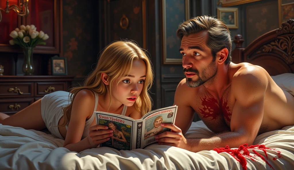 Teenage Swedish girl, blonde hair, flat chest, sitting on the edge of the bed, she is primary school age, a handsome middle-aged man with gray hair is lying in the bed, he is holding a porno magazine, sexy woman on cover of the magazine, she is talking to him and looking at the porn with him, she is biting her lower lip, very pretty, she is wearing a tight shirt and white yoga pants, the man is wearing only boxer style underwear, white drops of yogurt like fluid is on his stomach and fingers, very detailed, rich vivid colors, erotic, NSFW, good anatomy, intricate, masterpiece, HD, 8x,vivid lurid colors, European comic book style, Euro-horror aesthetic, fumetto style, Frazetta, intricate details, dark tones, volumetric lighting, Technicolor,