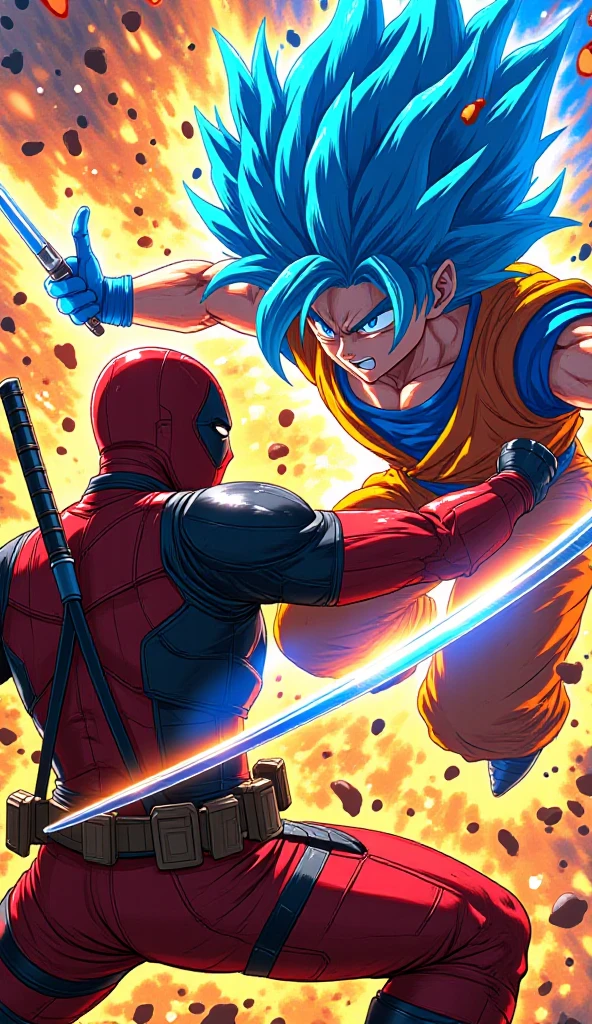 In a dynamic clash, Deadpool fiercely strikes at Super Saiyan Blue Goku with his gleaming katanas. The chaotic battle scene captures Deadpool's red-and-black costume contrasted with Goku's vibrant blue hair and fiery aura. This striking image, possibly a digital illustration, is meticulously detailed with intense colors and action-packed energy. Every muscle, every blade, every spark of power is vividly rendered, immersing viewers in the intense showdown between these two iconic characters.Alta resolución, Preciso, Detalles altos, 