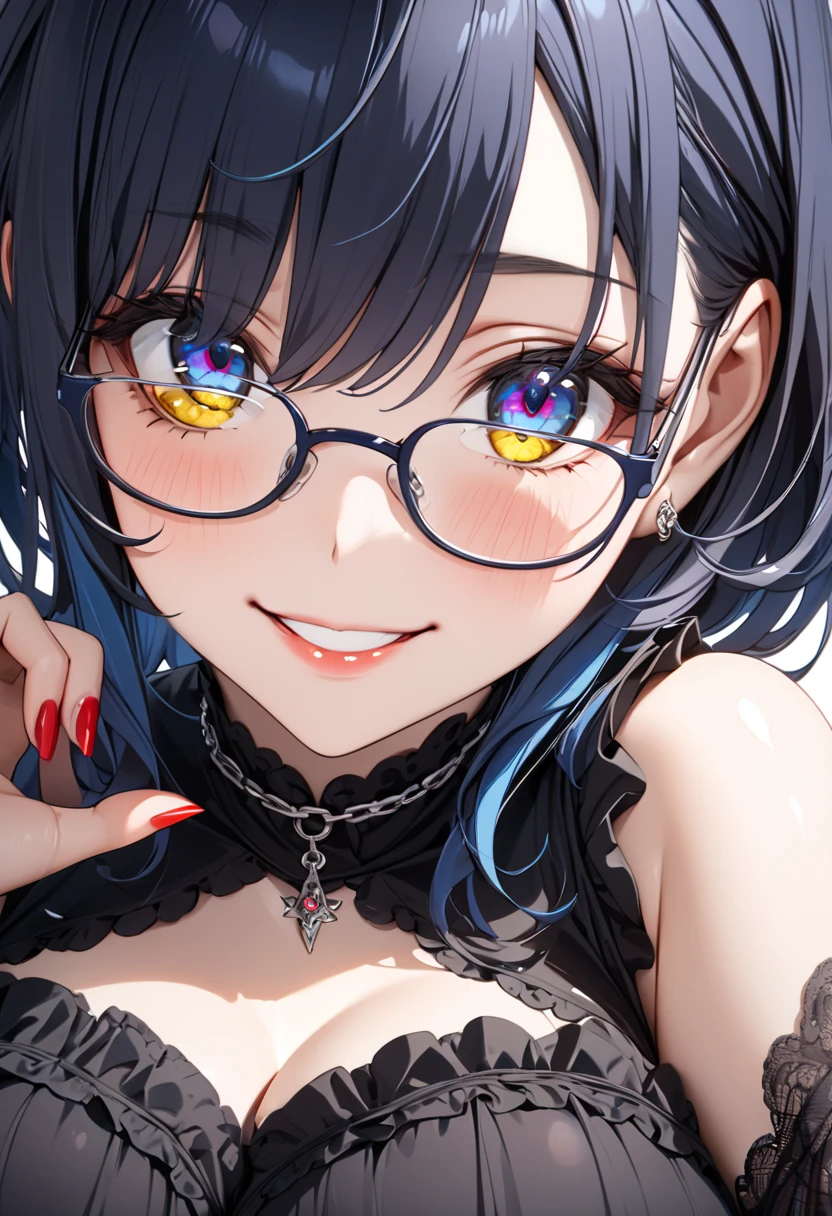 ((dark blue eye,dark blue hair yellow inner hair,,mole under left eye)),(masterpiece, best quality, ultra detailed,  highres icon,1girl),busty,model-like physique,Alone,white background,big eyes,8k,light makeup,shiny skin,blushing like crazy,glossy lip,very beautiful red nails,,swept bangs,detailed eyes, wearing glasses,((big smile)),Goth girl,from below,Dress with lace, chain and ruffles