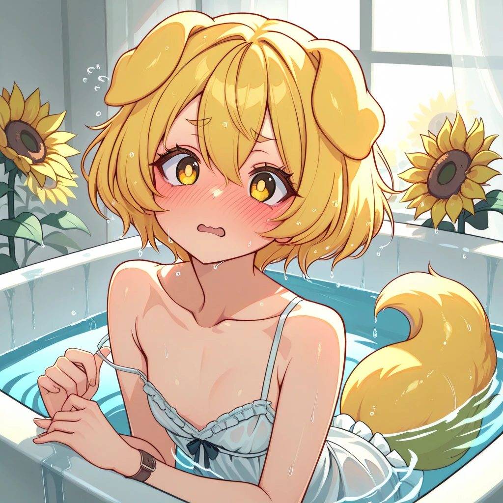 (masterpiece,  best quality,  super detailed, 8K, 4K,  Nothing there,  ultra-high resolution :1.3), ( Detailed texture lighting ,   Detailed surface lighting  ) 看向观众,  asian girl， unique ， Yellow Hair ，Short hair，  yellow pupils ，Hair dripping ，Wet hair，blushing，yellow dog ears， with droopy ears，  the sun is shining ，yellow dog tail ，Droopy ears，Slightly fat girl ，The whole face turns red, 拿着sunflower，Shut up, Small chest(c),  in the bathtub ，sunflower， strappy dress，Sexy，Coquettish