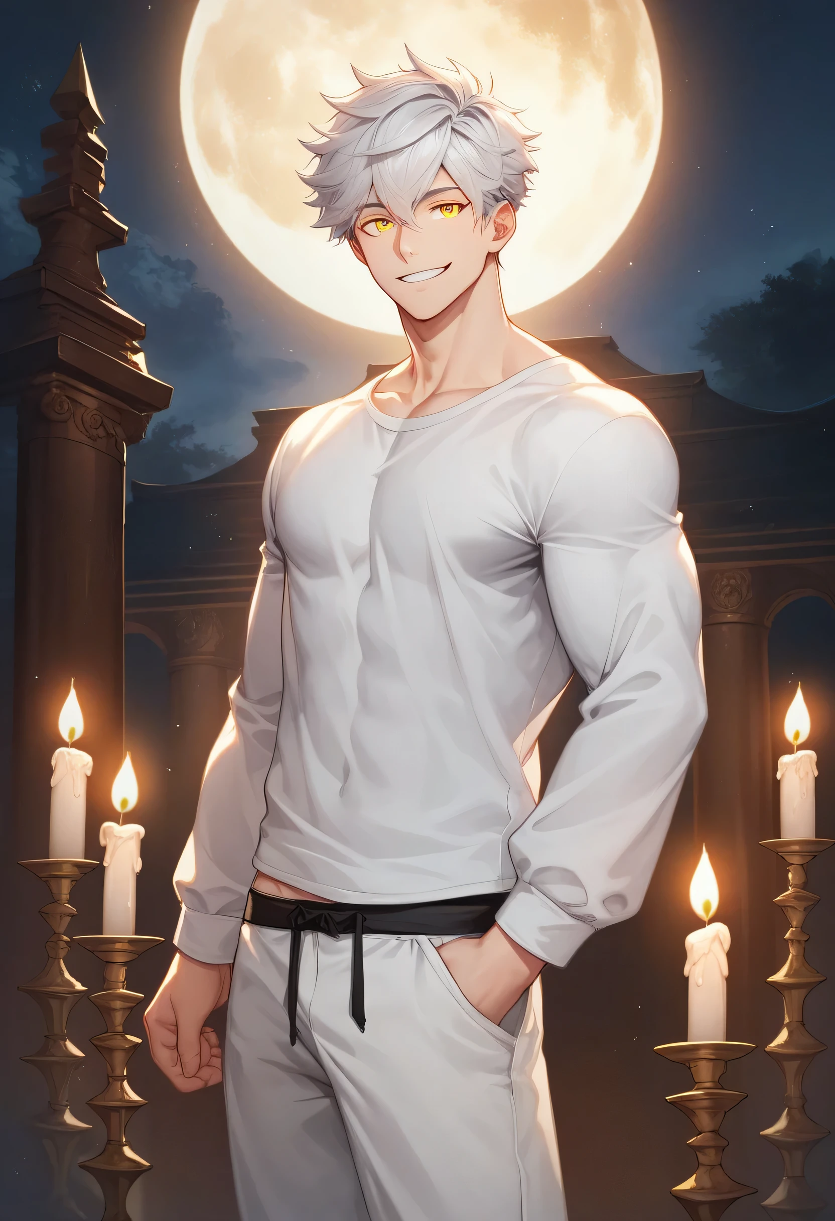 score_9, score_8_up, score_7_up, score_6_up, 1boy, solo, straight hair, short hair, White-silver hair, goldeng eyes, muscular, gigachad, white shirt long sleeves with loose sleeves, loose black cloth pants, greek temple, standing, looking at viewer, smile, lit candles, night, full moon.
