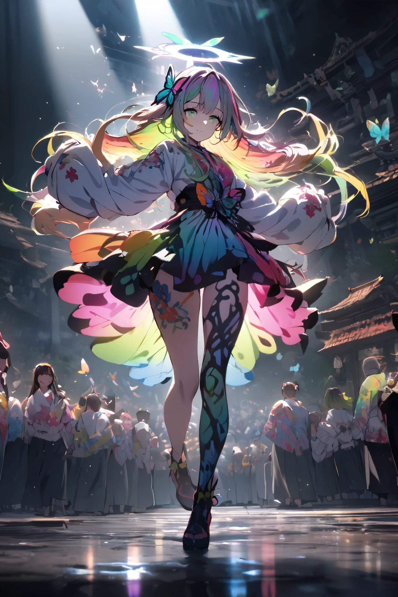 1 girl, masterpiece, Very detailed, ((Light)), (Send Light), ((dramatic Lighting)), ((Beautiful and detailed Light)), Full body painting,intricate details, Lens Light Halo, Colorful hair, rainbow hair, long hair, colorful clothes, Butterfly hair accessories, Butterfly, (Light particles), faint smile, green eyes, temple, spotLight, dark background, Floating hair, Floating hair, looking at the audience,((colorful)),clear facial features,beautiful eyeasterpiece