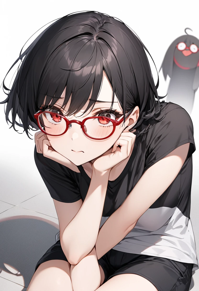 white t-shirt, black shorts, absurdres, RAW photo, extremely delicate and beautiful, masterpiece, Best Quality, ultra high resolution, 32k, hyperrealistic, ultra-detailed, detailed description, pale skin, 20 years old, tearful mole, earring, short medium hair, wavy hair, whole body shot, Redhead, Red eyes, 