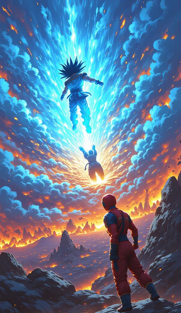 An epic scene of the planet crumbling as the battle between Goku Super Saiyan Blue and Deadpool rages on in the sky. A vividly collapsing landscape forms the backdrop, with swirling clouds and crumbling mountains. The focus of the image is the intense confrontation between the two powerful figures, each exuding energy and determination. This image, whether a painting or digital artwork, is rendered with stunning detail and vibrant colors, capturing the intensity of the battle and the imminent destruction of the world. The dynamic composition and realistic depiction of the characters make this image a truly breathtaking and immersive visual experience.Alta resolución, Preciso, Detalles altos, 