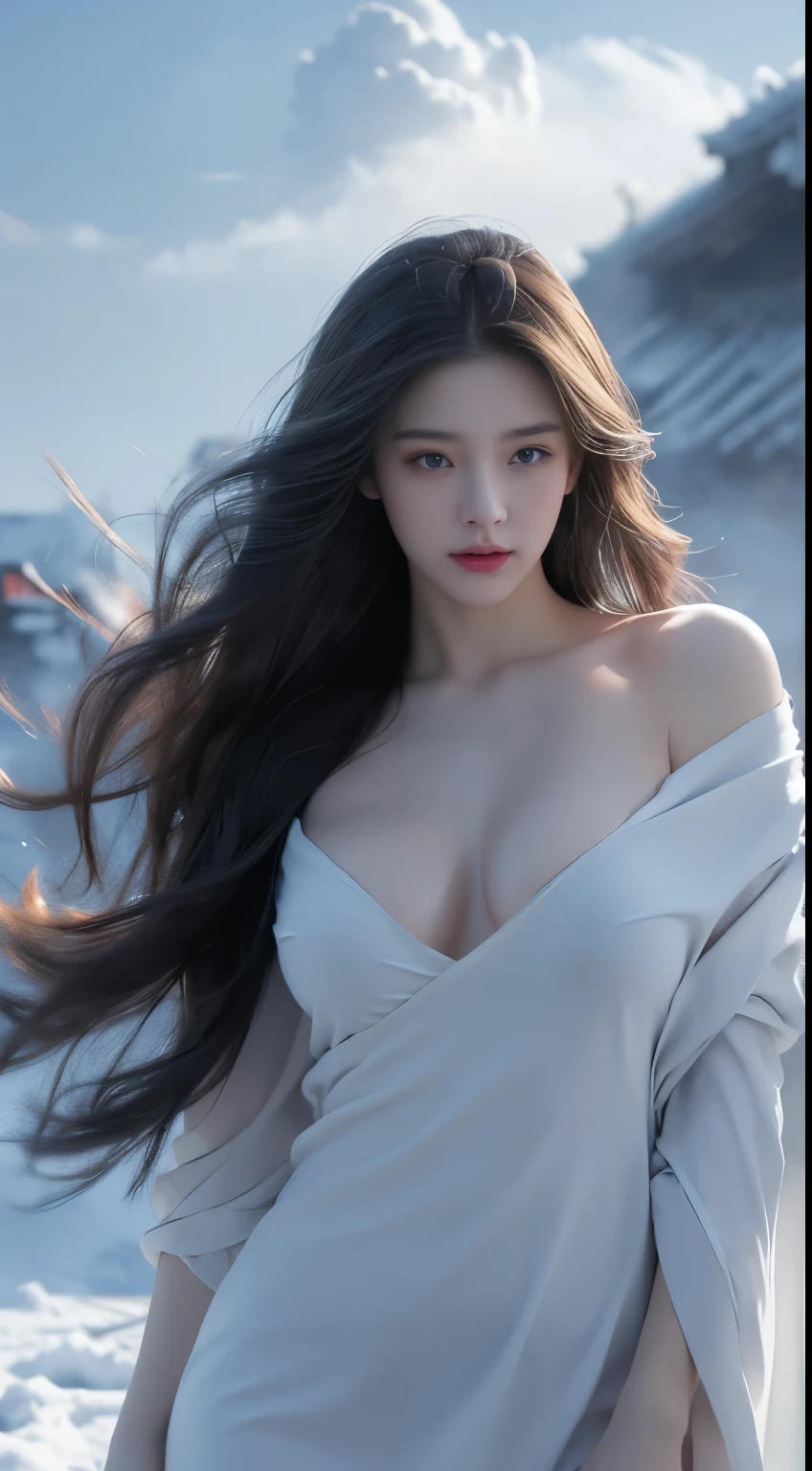 realistic detailed photo of a giant breasted girl with exposed shoulders, detailed fingers, high quality skin, red eyes, alone in a winter scene with clouds, wind, and flowing hair, (best quality,4k,8k,highres,masterpiece:1.2),ultra-detailed,(realistic,photorealistic,photo-realistic:1.37),studio lighting,vivid colors