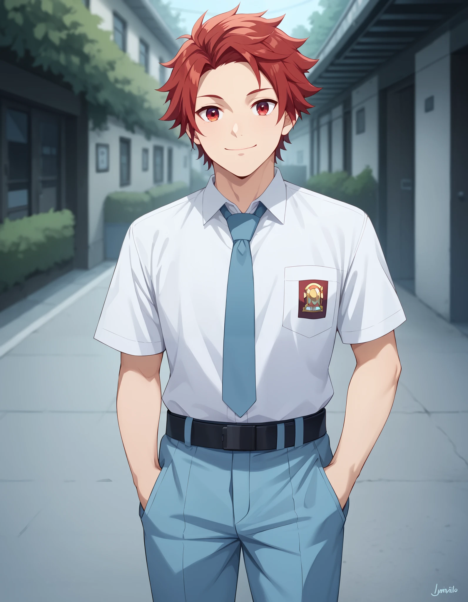 Masterpiece, hd, best quality,1boy, male focus, tanjirou_kamado, red hair, red eyes, short hair, smile, Indonesia high school uniform, wearing white collared shirt, short sleeves, light blue trousers, long pants, light blue neck tie, pocket, school logo on pocket, wearing black belt, outdoor,  smile, closed mouth,  standing, cowboy shot