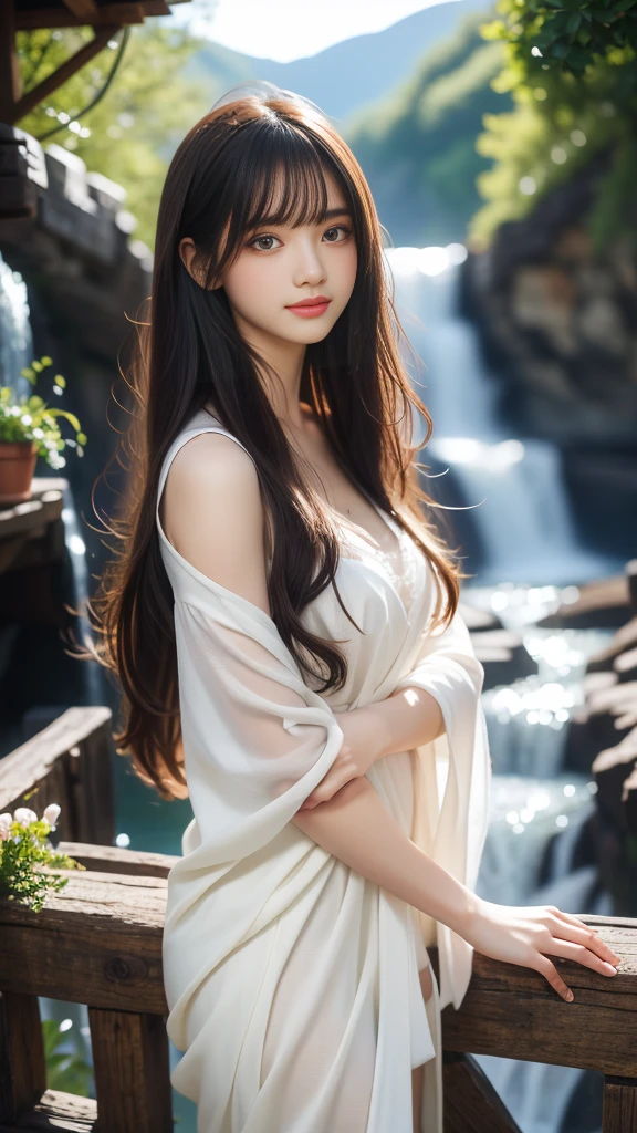 (in a river playing with water)1beautiful girl, long black hair with bangs, daisy, intricate ornaments, white silk robe, realistic, looking at the camera, riverside, waving, tranquil, mountain background, cinematic lighting, trending on ArtStation, by Irakli Nadar, Greg Rutkowski，(((best quality))),(((ultra detailed))),(((masterpiece)))
