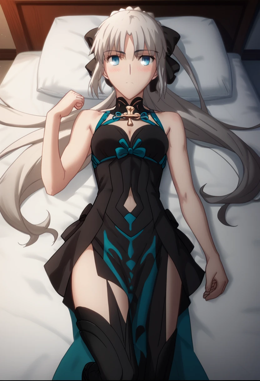 solo, one girl ,Fate/Grand Order,Morgan（Fate）, long hair, gray hair, blue eyes,とても long hair, ponytail, black ribbon, hair bow, French braid, Short Dress ,Sleeveless, cleavage in years, garment cutout,Collarless, pelvic curtain  , black boots , thigh high boots　　　　　　　anime,Ufotable, viewer's perspective, are expressionless, bed, lying on your back to stare,one hand behind ,Bend one leg,blush