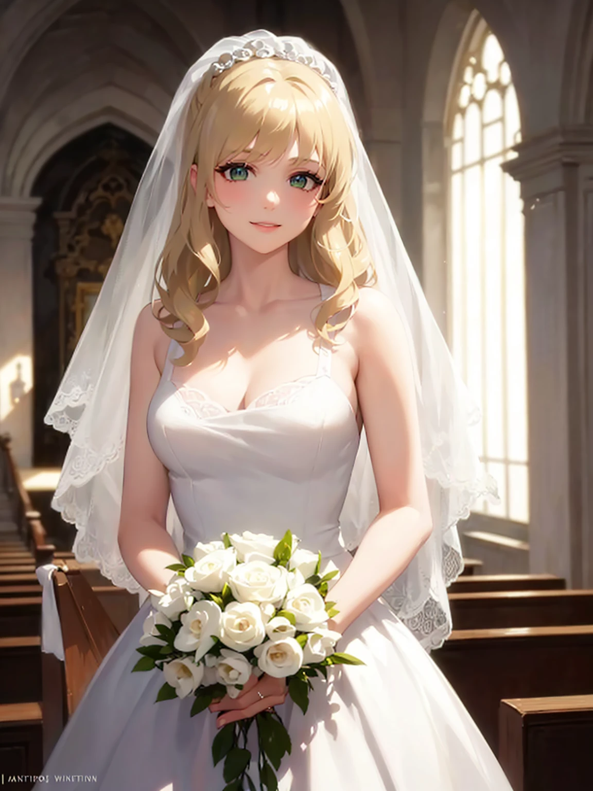 masterpiece, best quality, highres, aoki1, brown eyes, freckles, church, wedding dress, holding bouquet, cowboy shot, smile,