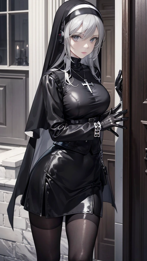 A beautiful woman dressed as a church sister, Strike a pose gracefully. She has a perfect face、, Expressive eyes, long flowing hair, And a kind smile. Her body is perfectly balanced, With a slim waist and beautiful curves. 彼女の教会のNunsたちの衣装は伝統的な要素で飾られている., Includes a modest dress with a veil and intricate embroidery. The embroidery is delicate, beautiful, Casually sexy, Enhance the elegance of your outfit. This dress has a high neck and long sleeves..., Decorated with lace and intricate patterns. The veil is of high quality, The translucent material flows gracefully over the shoulders... The background is soft and blurry、Focus on her.. Make your underarms look natural、Maintaining balance throughout the body. The character needs to appear graceful and confident.... Please show me your armpits, Embarrassing, Are crying, anger, (Nuns),(Cross Necklace), Latex bodysuit, Shiny clothes, Perfect fit for your skin, habit, Latex gloves,Black bodysuit,Thigh-high boots, No sleeve, 
