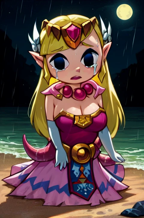 Masterpiece, best quality, 2d,  1girl ,  Toon Zelda, large breast, thicc, sad, concerned, surrounded by tentacles, tentacles in background, beach, night time, full moon, raining, wet clothes, on all fours, crying tears, thicc, torn clothes, holes in clothes, pantyhose, cleavage, long gloves, cum, open mouth, sandy beach, ocean in background, broken necklace, broken breastplate, ripped clothes, ripped dress, torn skirt, tentacles, octorocks, broken jewelry, bare shoulders, no straps, strapless, mini skirt, while stockings, 