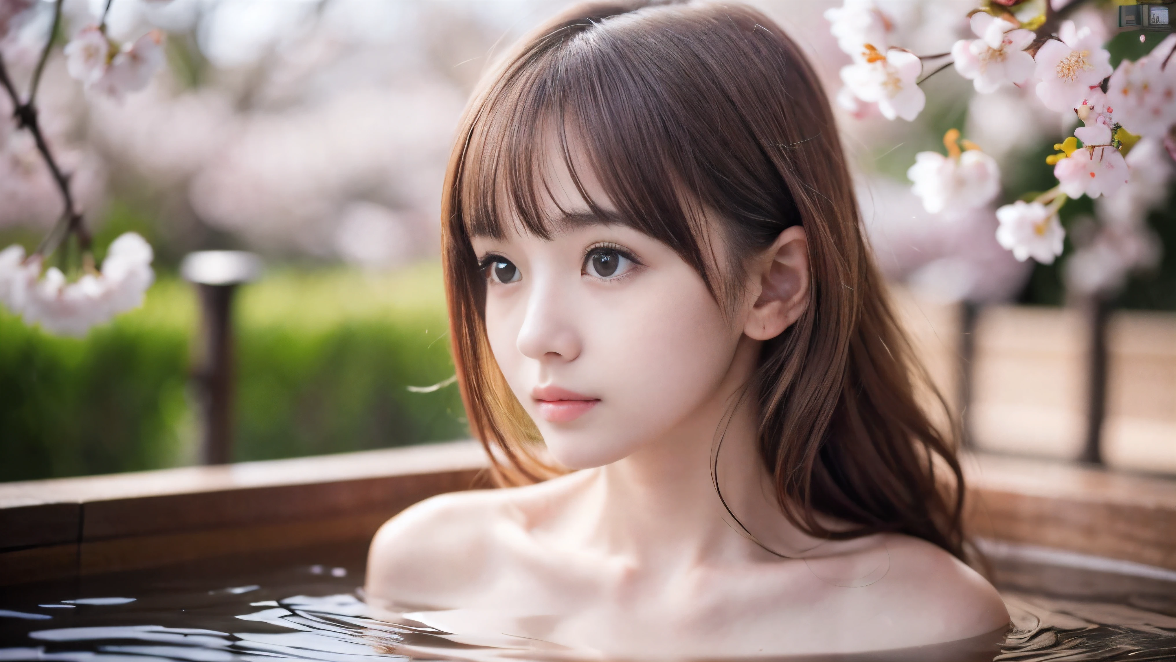 (Profile shot of a naked slender very small flat breasts red brown wavy long hair with dull bangs girl:1.5)、(Naked girl is soaking in a milky color Japanese onsen outdoors with shy face:1.5)、(Outdoor Japanese onsen with milky white color and it has full bloom weeping cherry blossoms:1.5)、(blurred background:1.5)、(Natural light:1.5)、(8k ultra detailed master piece:1.5)、(perfect anatomy:1.5)、(Photorealistic stick:1.5)、(Raw photo:1.3)、(highest quality:1.5)、(High resolution:1.3)、(Delicate and beautiful perfect face:1.3)、(Delicate and beautiful eye air skin:1.3)、(Real Human Skin:1.3)、((thin legs))