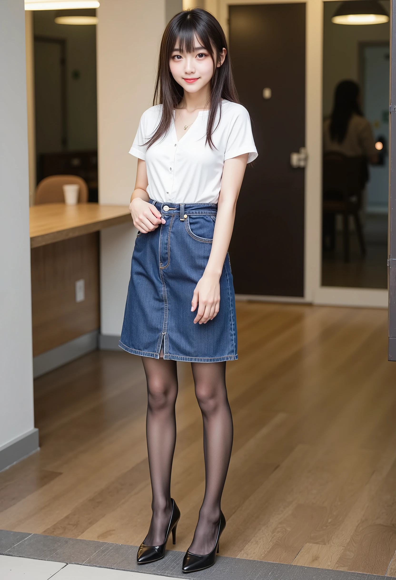 upper real , photorealistic , she looks very happy , Global Pi Illuminations 、(Teenage Japanese Girl:1.5), very beautiful and delicate Japanese girl , black hair、Hairstyle braids、very beautiful、 smile 、ジャケット、 long sleeve blouse 、 pants style 、スキニーデニム、pantyhose、 パンプス、facing forward, full body photo ,