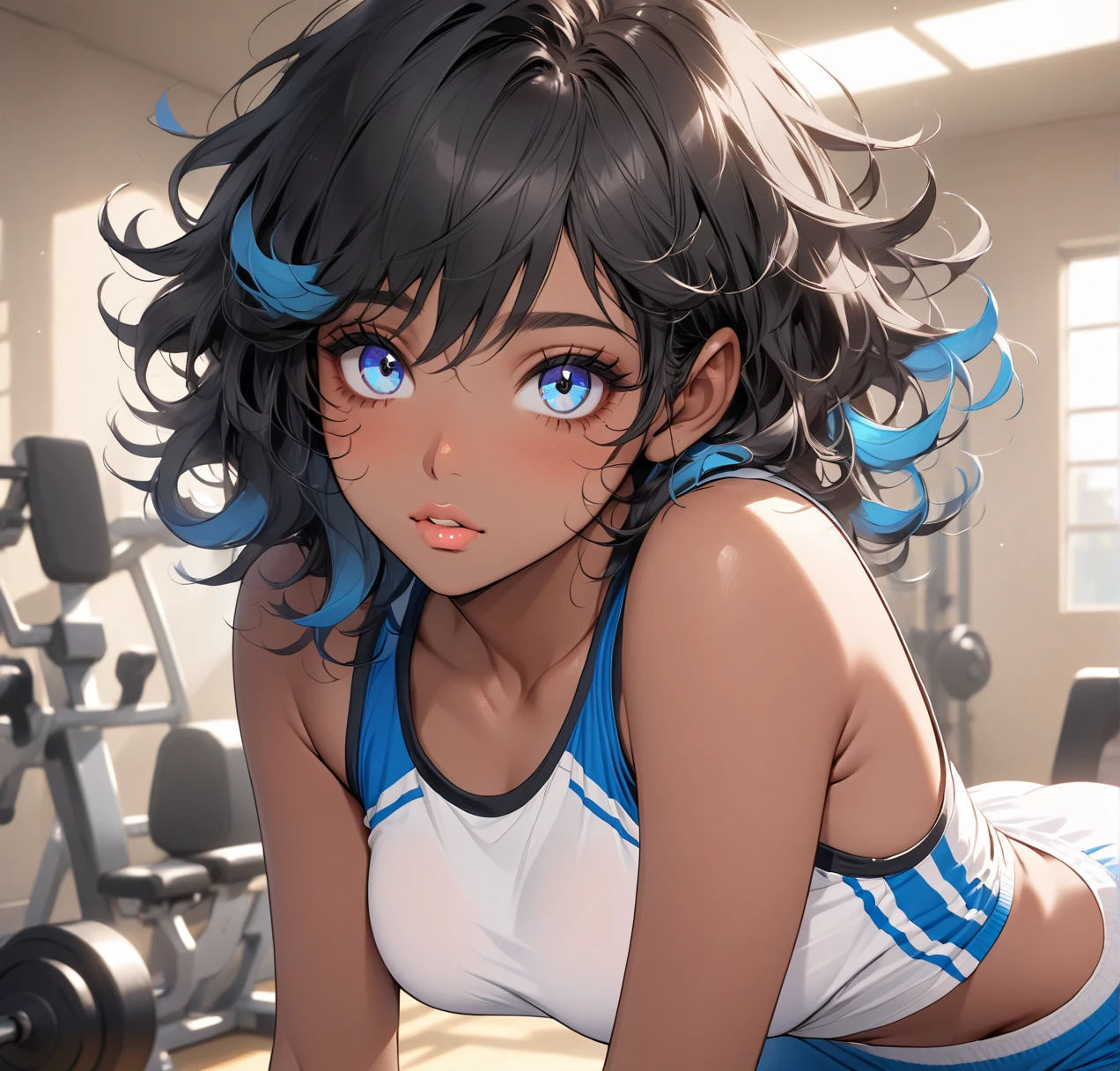 femboy, appears 24 (5'6") delicately built with pronounced curves. Shoulder-length black hair with blue tips. Blue eyes. Tan, dark skin. Sweet, almost innocent features with large eyes and small, kissable lips. Gym clothes