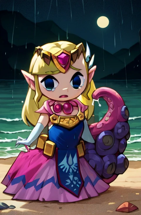 Masterpiece, best quality, 2d,  1girl ,  Toon Zelda, large breast, thicc, sad, concerned, surrounded by tentacles, tentacles in background, beach, night time, full moon, raining, wet clothes, on all fours, crying tears, thicc, torn clothes, holes in clothes, pantyhose, cleavage, long gloves, cum, open mouth, sandy beach, ocean in background, broken necklace, broken breastplate, ripped clothes, ripped dress, torn skirt, tentacles, octorocks, broken jewelry, bare shoulders, no straps, strapless, mini skirt, while stockings, 