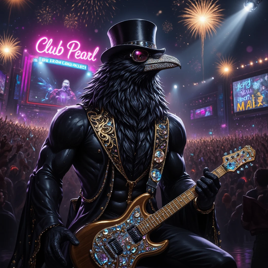 Muscular Anthropomorphic raven donned in intricate black suit with gold trim made of diamonds and a black diamond fedora. Diamonds cover his beak. Dynamically singing and guitar playing. Wears large sunglasses. Obsidian, the lead singer and guitarist of the "Obsidian Flow Project", printed on the bass drum. Dynamically sings to a retro style microphone while dynamically playing his guitar. Spotlight on him. Light show. Big Band Style. Behind the open air stage, a neon sign says "Live from Club Pearl". Fireworks burst. New Years Eve stadium concert, with a huge realistic crowd cheering at him. The phrase "Happy New Year, MAB!!!" flashes on the stadium jumbotron. Dynamic blues band scene, dynamic pose, High Resolution, Masterpiece, Cinematic, Character Design, Hyperdetailed, Cinematography,  cinematic lighting, Depth Of Field, Sparkle, Ray Tracing, Image Fill, Realistic posing