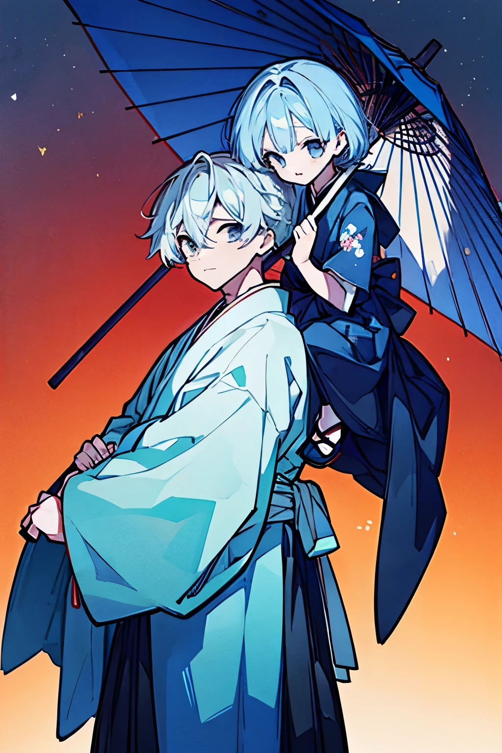 Hakama、Japanese style、I'm carrying a folded umbrella on my shoulder、 handsome、 light blue hair、male、whole body、 over the hill at sunset