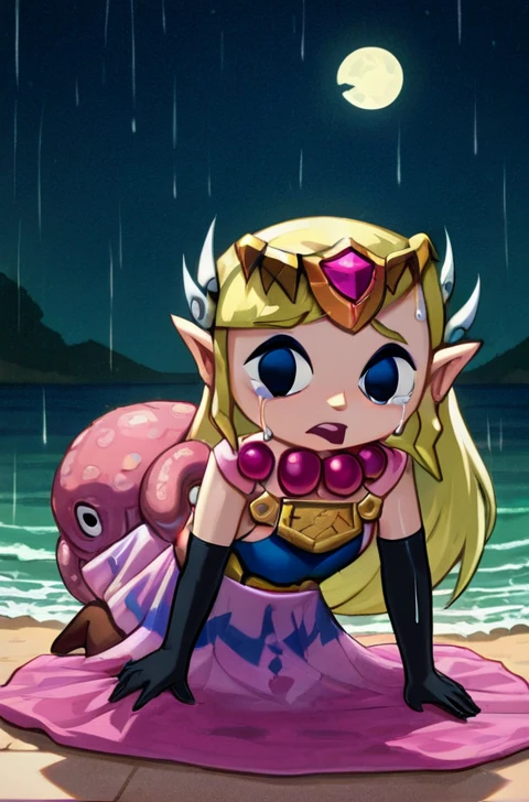 Masterpiece, best quality, 2d,  1girl ,  Toon Zelda, large breast, thicc, sad, concerned, surrounded by tentacles, tentacles in background, beach, night time, full moon, raining, wet clothes, on all fours, crying tears, thicc, torn clothes, holes in clothes, pantyhose, cleavage, long gloves, cum, open mouth, sandy beach, ocean in background, broken necklace, broken breastplate, ripped clothes, ripped dress, torn skirt, tentacles, octorocks, broken jewelry, bare shoulders, no straps, strapless, mini skirt, while stockings, side boob, mini dress, 