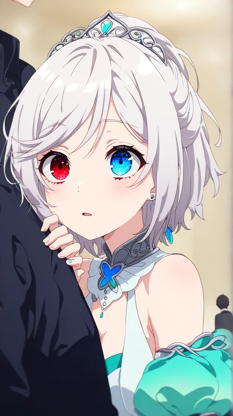 auto-destructive art, lolish, 1girl,solo focus, creepy kawaii, anime vibes,  profile picture 1024px, Short hair, silver-white hair with a slightly messy style and side-swept bangs.Heterochromia iridis),(left eye,Red eyes),(right eye,blue eyes), half body detailed, 