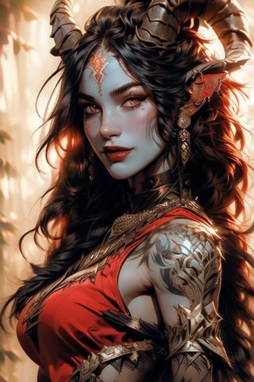 score_9, score_8_up, score_7_up,
KRKNK, 1girl, portrait, beautiful, tiefling shaman, (long hair:1.3), side bangs, horns, barbarian, gladiator, war paint, tribal markings, long tail, blue skin, red lips, red eyes, glowing eyes, (smug:0.85), dramatic lights, detailed