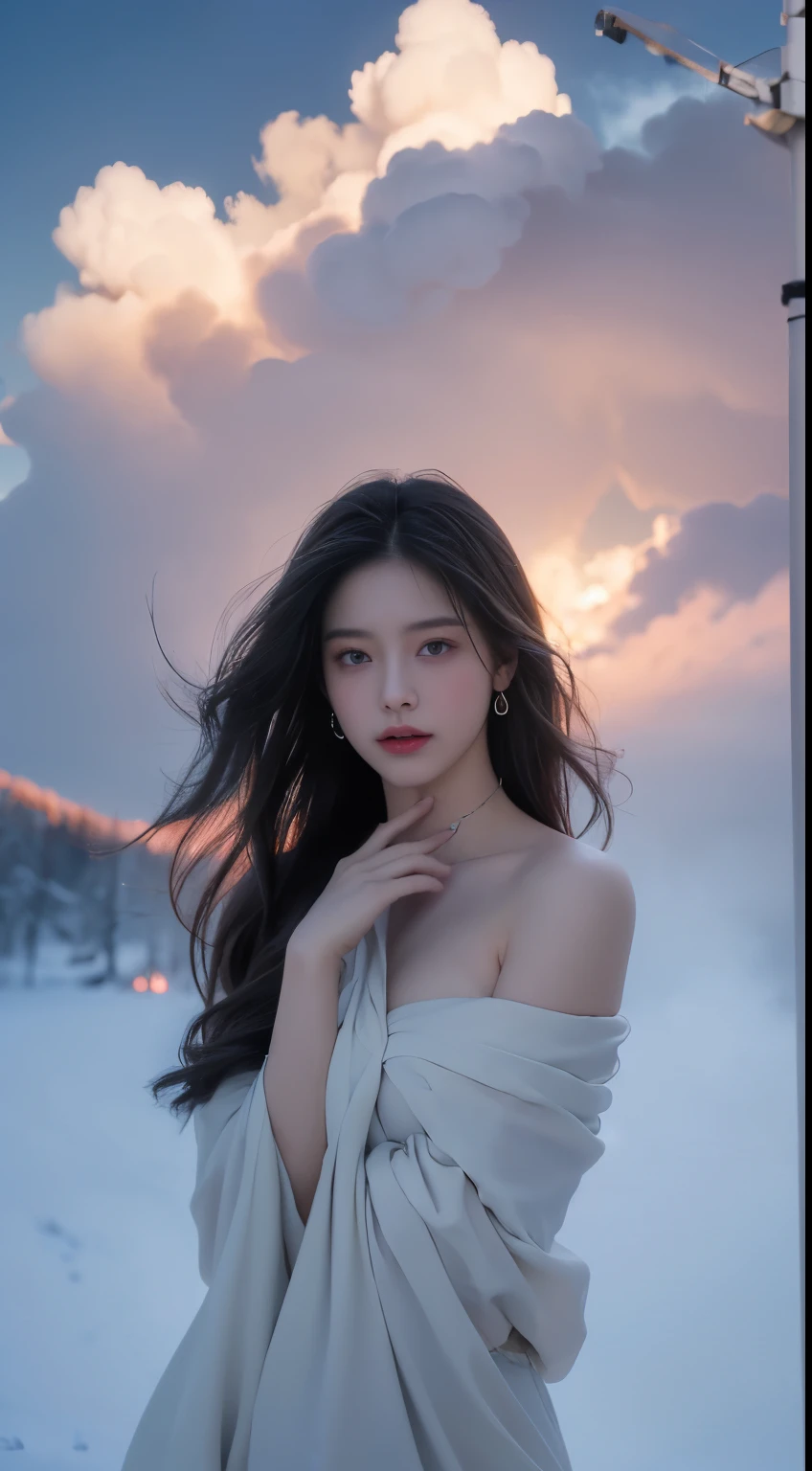 realistic detailed photo of a giant breasted girl with exposed shoulders, detailed fingers, high quality skin, red eyes, alone in a winter scene with clouds, wind, and flowing hair, (best quality,4k,8k,highres,masterpiece:1.2),ultra-detailed,(realistic,photorealistic,photo-realistic:1.37),studio lighting,vivid colors