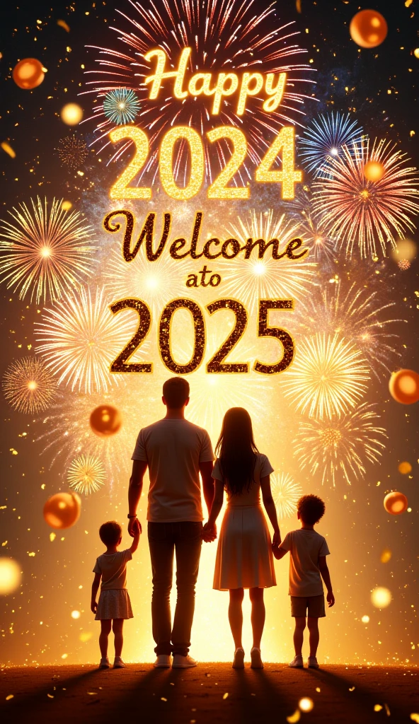 "Happy New Year 2025" reads in bold, italics on a gold background, as a family of four — a beaming mother, a proud father and two excited ren — stand together to watch the fireworks, arms linked, in a kaleidoscope of colorful fireworks exploding in the night sky. The words "Thank you 2024" are emblazoned above them in big, glittery letters, while "Welcome 2025" shines brightly below, as confetti and balloons swirl around them. Rating: 9/10.,text as "",style_brush,style_bebas