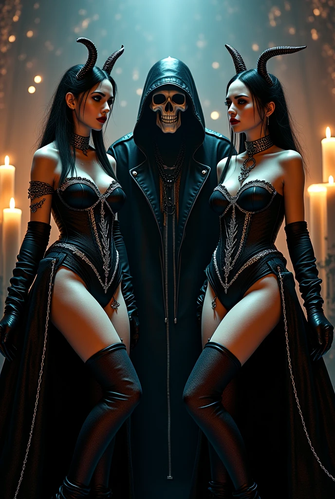 A grim reaper maneuvers a skeleton with strings like a marionette, behind the grim reaper an undead sexy woman on her knees who extends her hand imploringly towards him