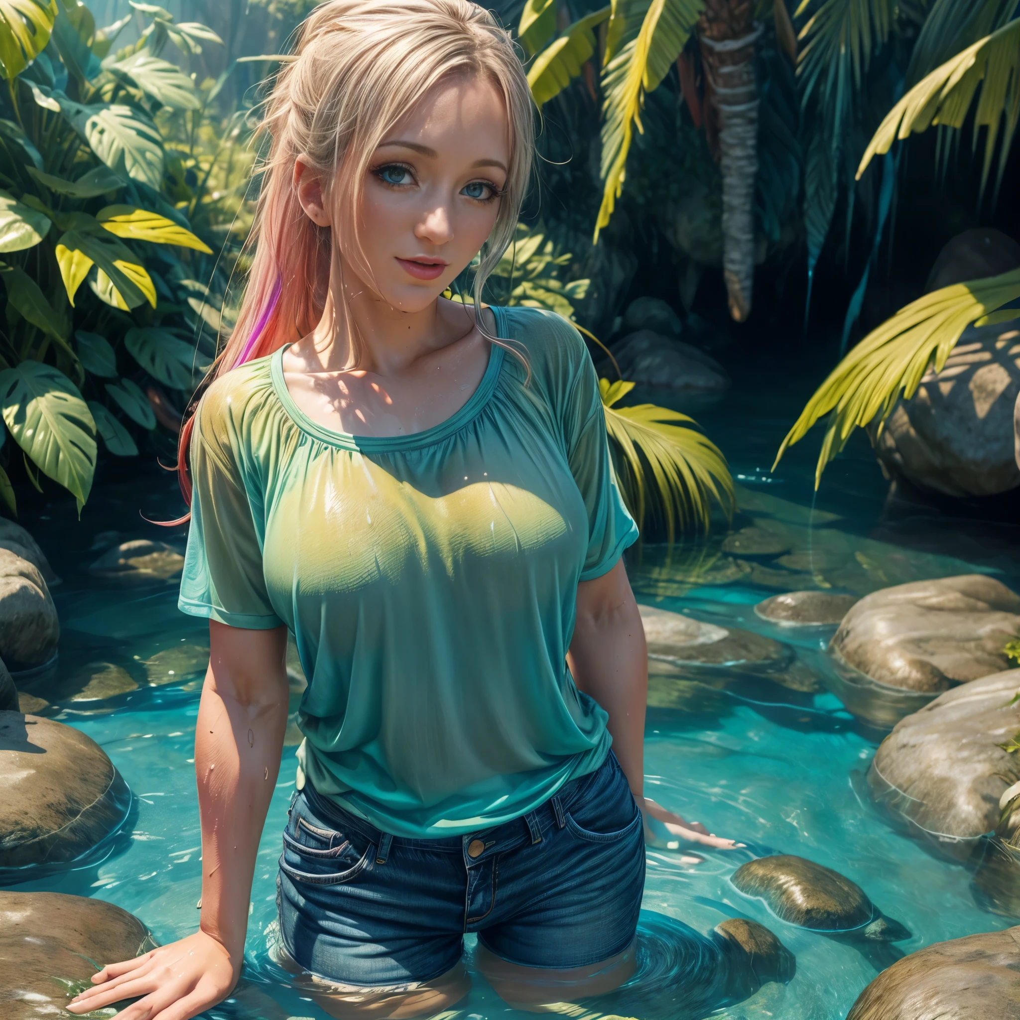 masterpiece, best quality, casual outfit, colorful hair, outdoor,upper body, colorful summer clothes, ((fully clothed)), warm clothes, wet clothes, soaked, drenched, excited, wet hair, wet and slimy, water up to her chest, submerged, translucent, fantasy environment, fantastical, vivid colors, varied poses, detailed green eyes, dia.zerva