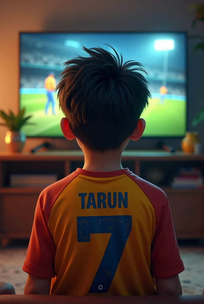 My baby son 11 month watching cricket match on tv wearing Sri Lankan jersey with number 7 name Azlan with cartoon pattern one more
