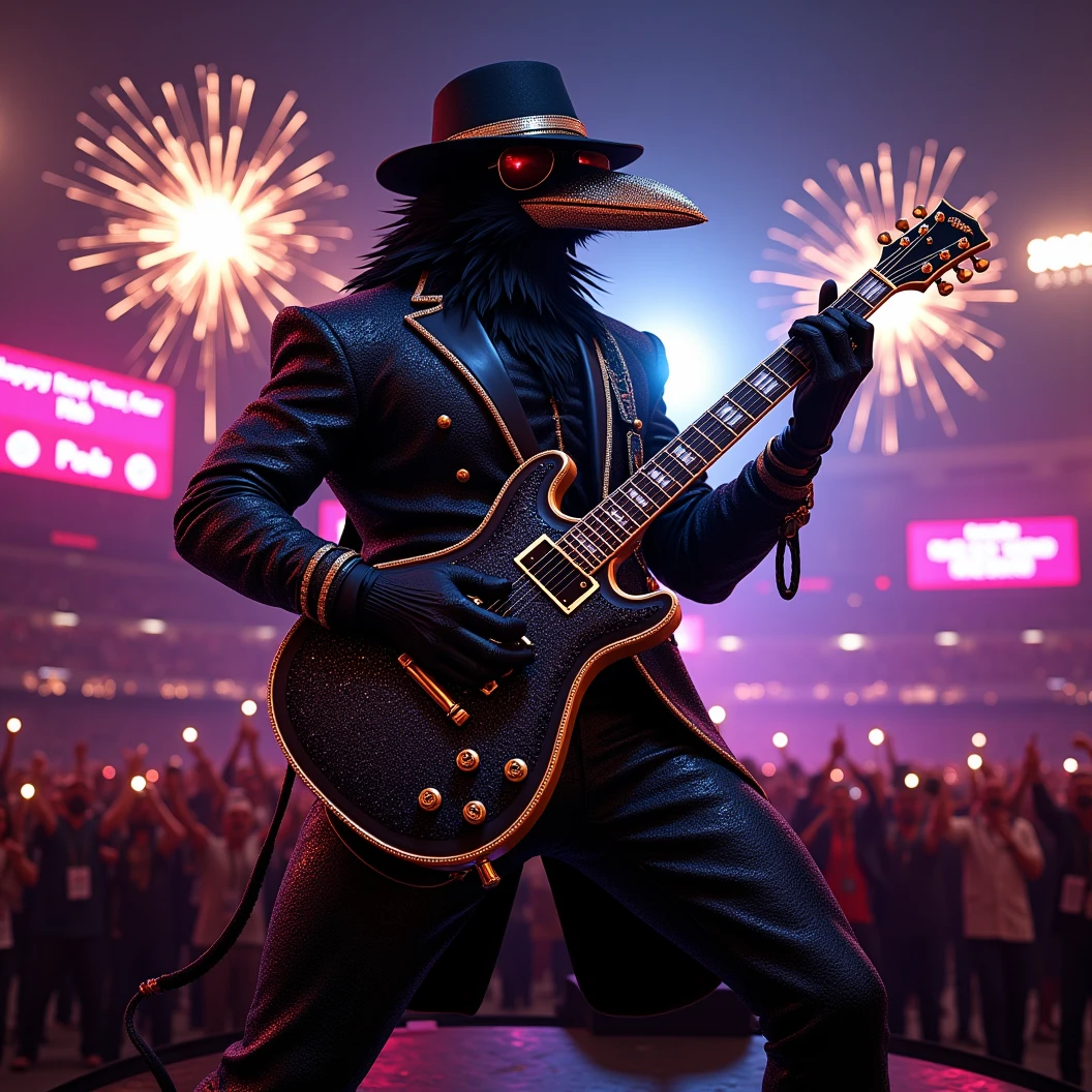 Muscular Anthropomorphic raven donned in intricate black suit with gold trim made of diamonds and a black diamond fedora. Diamonds cover his beak. Dynamically singing and guitar playing. Wears large sunglasses. Obsidian, the lead singer and guitarist of the "Obsidian Flow Project", printed on the bass drum. Dynamically sings to a retro style microphone while dynamically playing his guitar. Spotlight on him. Light show. Big Band Style. Behind the open air stage, a neon sign says "Live from Club Pearl". Fireworks burst. New Years Eve stadium concert, with a huge realistic crowd cheering at him. The phrase "Happy New Year, MAB!!!" flashes on the stadium jumbotron. Dynamic blues band scene, dynamic pose, High Resolution, Masterpiece, Cinematic, Character Design, Hyperdetailed, Cinematography,  cinematic lighting, Depth Of Field, Sparkle, Ray Tracing, Image Fill, Realistic posing